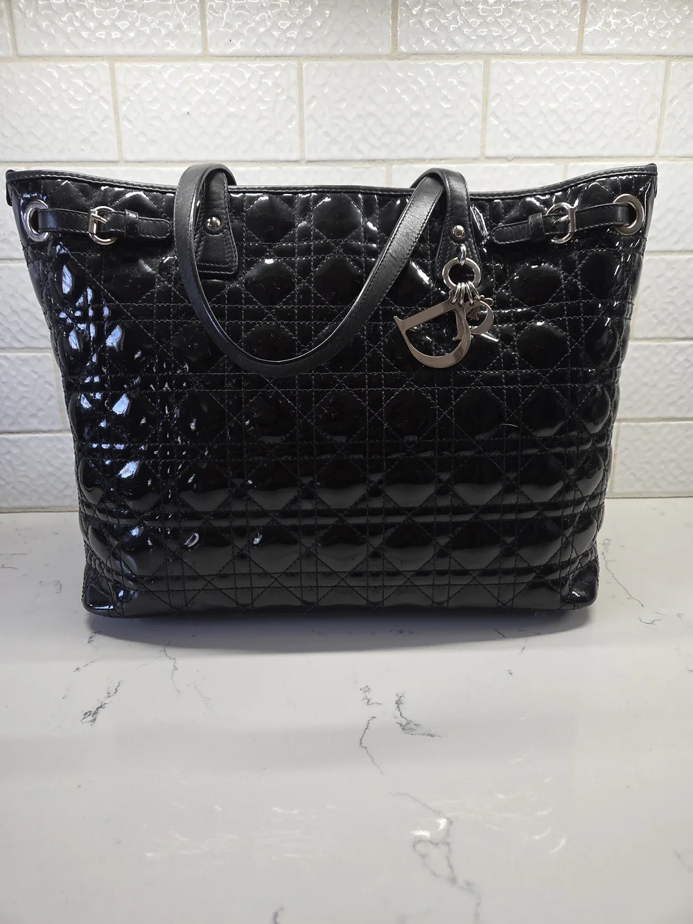 Christian Dior Black Quilted Patent Leather Panarea Medium Tote Bag + COA